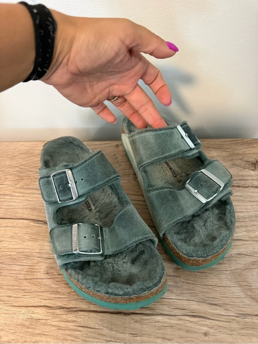 Birkenstock Teal Suede Two-Strap Plush Footbed Sandals
